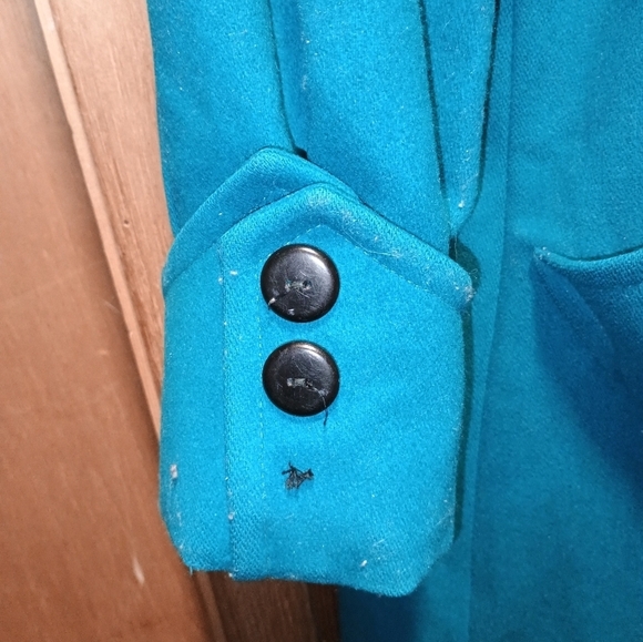 Vintage International Scene Teal Women's Wool Hooded Trench Pea Coat Size 9/10 - Picture 2 of 10